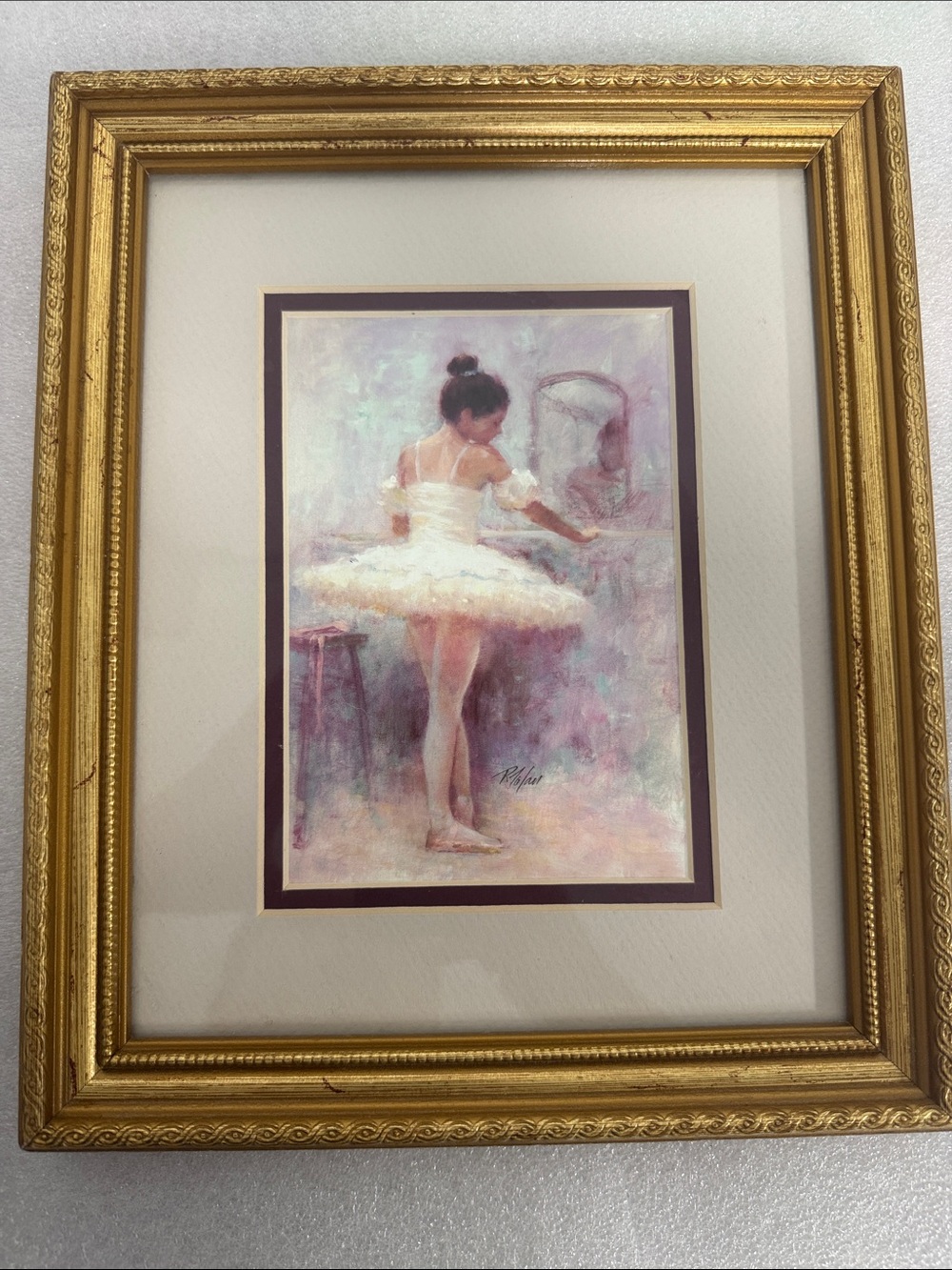 Gold Framed Ballerina Art Print in White and Purple 8x10